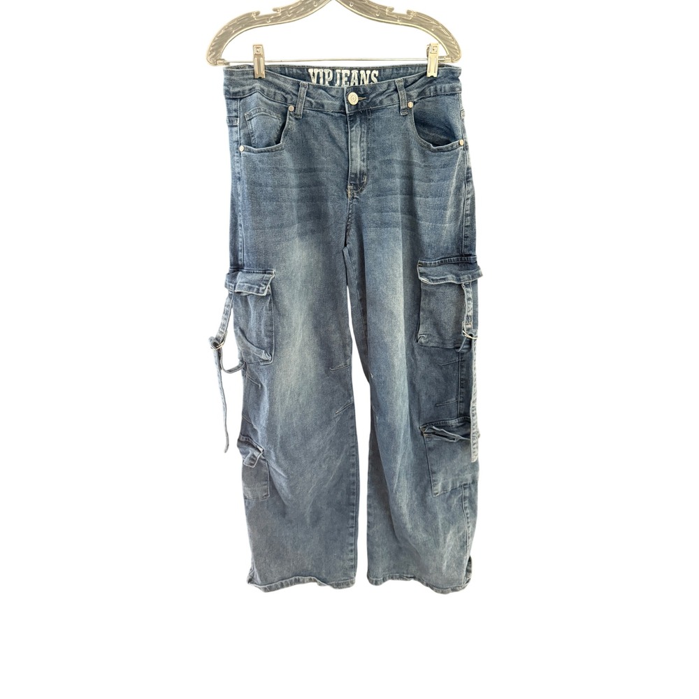 VIP Jeans Womens Blue Medium Wash Cargo Wide Leg Utility Denim Pants 11/30 Baggy